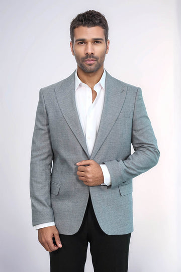 Men’s Light Grey Micro-Patterned Slim Fit Wide Peak Lapel Blazer