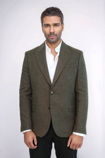 Men’s Dark Green Houndstooth Slim Fit Single Breasted Smart-Casual Blazer