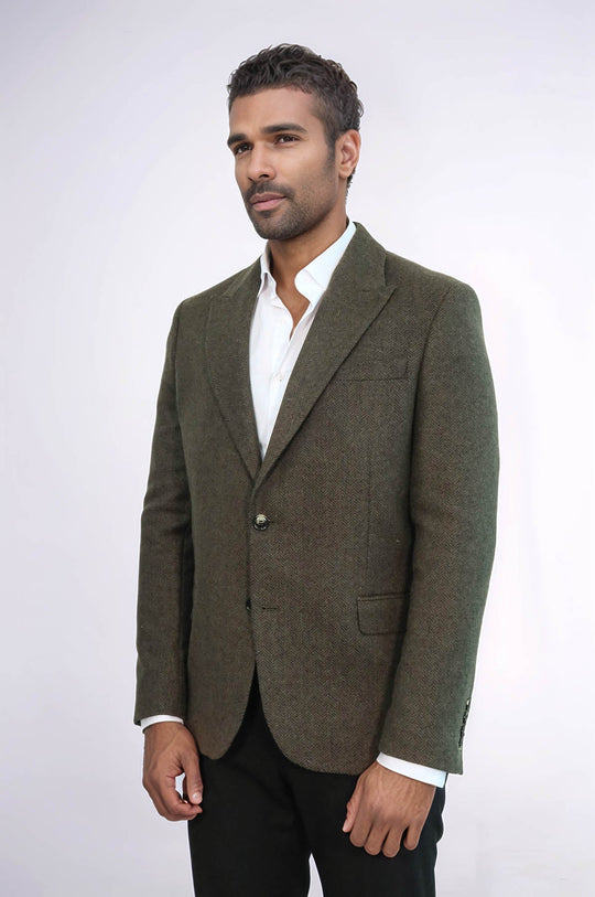 Men’s Dark Green Houndstooth Slim Fit Single Breasted Smart-Casual Blazer