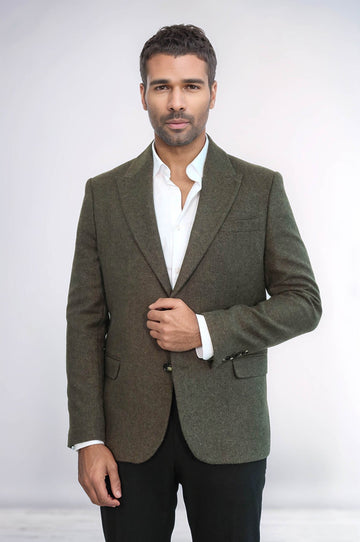 Men’s Dark Green Houndstooth Slim Fit Single Breasted Smart-Casual Blazer