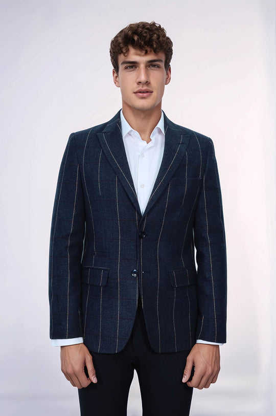 Men’s Midnight Navy Subtle Pinstripe Slim Fit Notch Lapel Sport Blazer