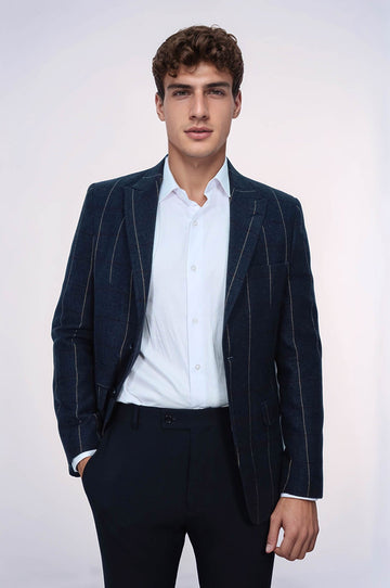 Men’s Midnight Navy Subtle Pinstripe Slim Fit Notch Lapel Sport Blazer