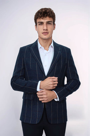 Men’s Midnight Navy Subtle Pinstripe Slim Fit Notch Lapel Sport Blazer
