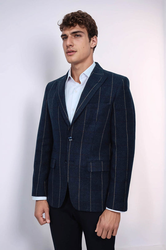 Men’s Midnight Navy Subtle Pinstripe Slim Fit Notch Lapel Sport Blazer