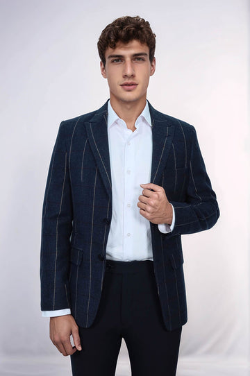 Men’s Midnight Navy Subtle Pinstripe Slim Fit Notch Lapel Sport Blazer