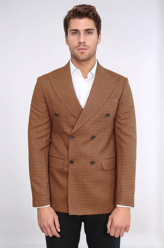 Men’s Tawny Houndstooth Slim Fit Double-Breasted Peak Lapel Blazer