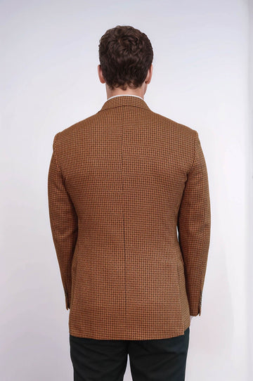 Men’s Tawny Houndstooth Slim Fit Double-Breasted Peak Lapel Blazer
