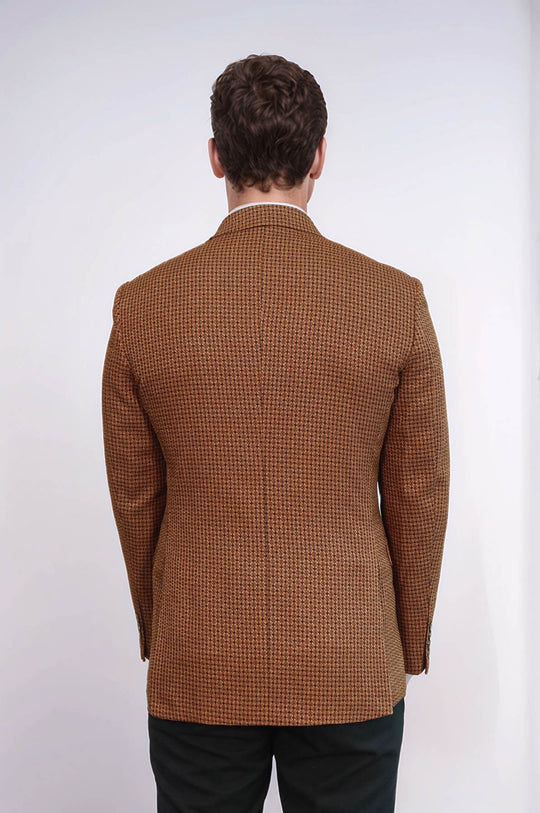 Men’s Tawny Houndstooth Slim Fit Double-Breasted Peak Lapel Blazer