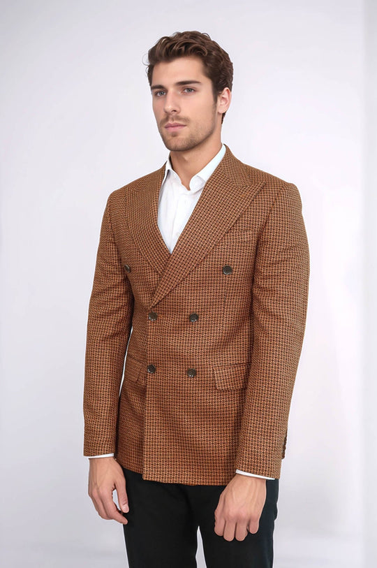 Men’s Tawny Houndstooth Slim Fit Double-Breasted Peak Lapel Blazer