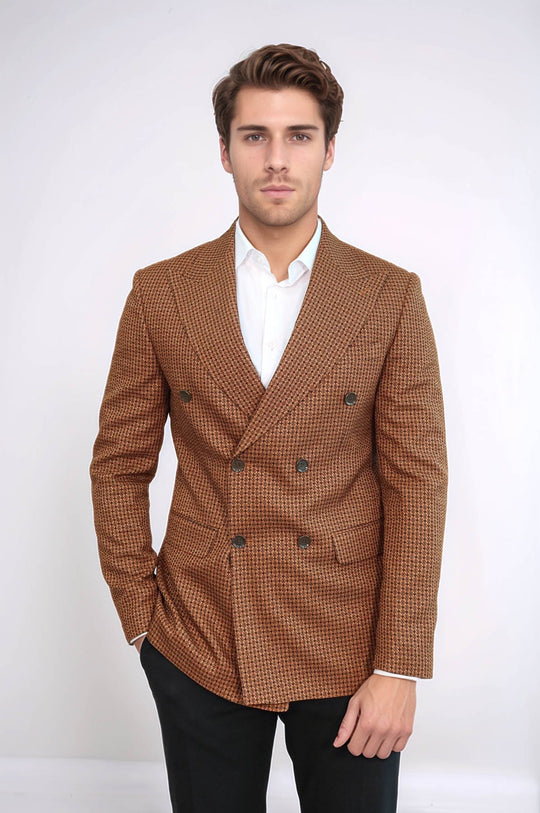 Men’s Tawny Houndstooth Slim Fit Double-Breasted Peak Lapel Blazer