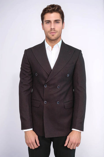Men’s Deep Burgundy Houndstooth Slim Fit Double-Breasted Peak Lapel Blazer