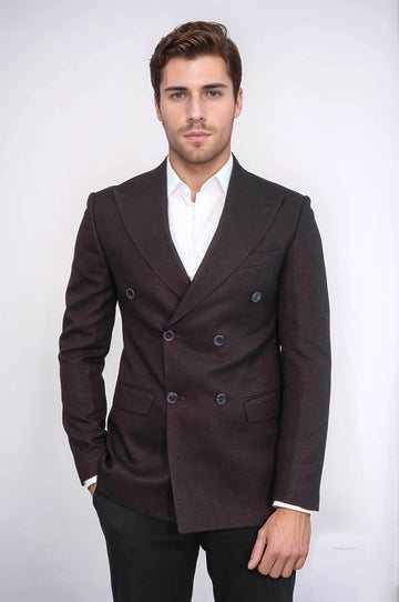 Men’s Deep Burgundy Houndstooth Slim Fit Double-Breasted Peak Lapel Blazer