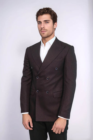 Men’s Deep Burgundy Houndstooth Slim Fit Double-Breasted Peak Lapel Blazer