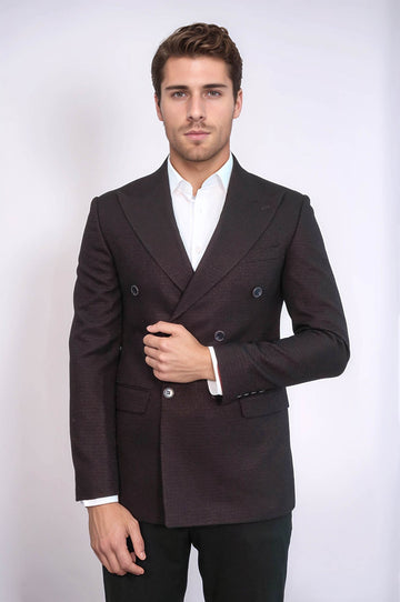 Men’s Deep Burgundy Houndstooth Slim Fit Double-Breasted Peak Lapel Blazer
