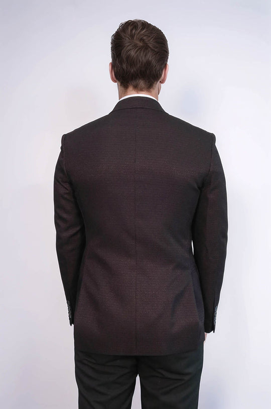 Men’s Deep Burgundy Houndstooth Slim Fit Double-Breasted Peak Lapel Blazer