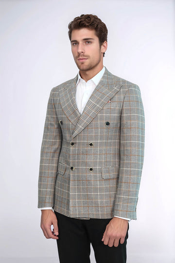 Men’s Anthracite Checked Slim Fit Double Breasted Smart-Casual Blazer