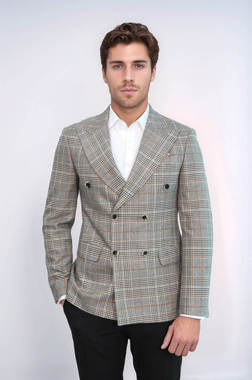 Men’s Anthracite Checked Slim Fit Double Breasted Smart-Casual Blazer