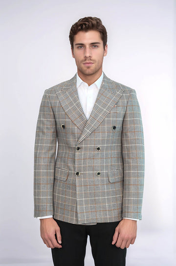 Men’s Anthracite Checked Slim Fit Double Breasted Smart-Casual Blazer