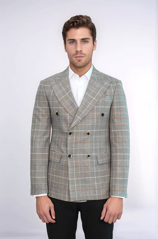 Men’s Anthracite Checked Slim Fit Double Breasted Smart-Casual Blazer