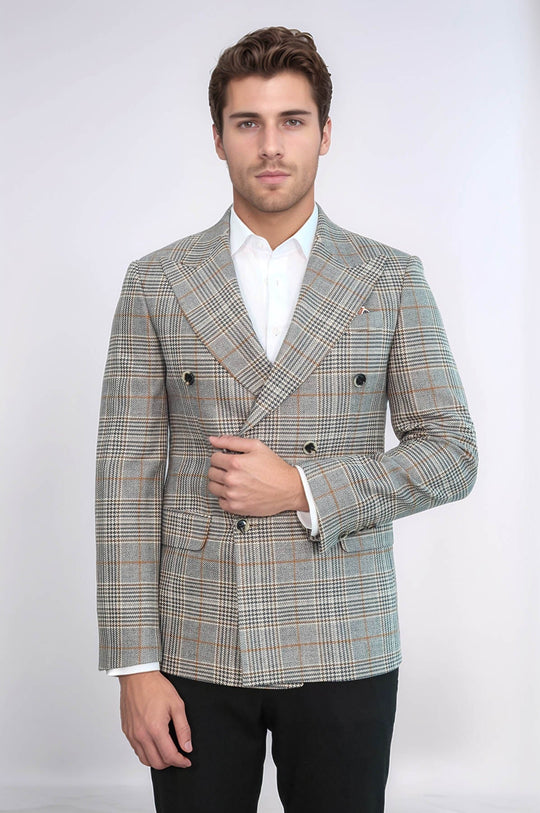 Men’s Anthracite Checked Slim Fit Double Breasted Smart-Casual Blazer