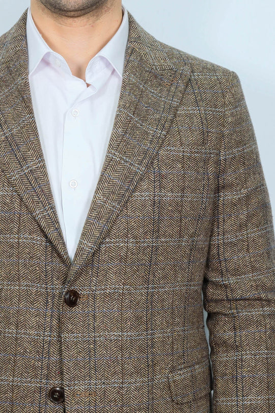 Men’s Brown Herringbone Slim Fit Single Breasted Smart-Casual Blazer