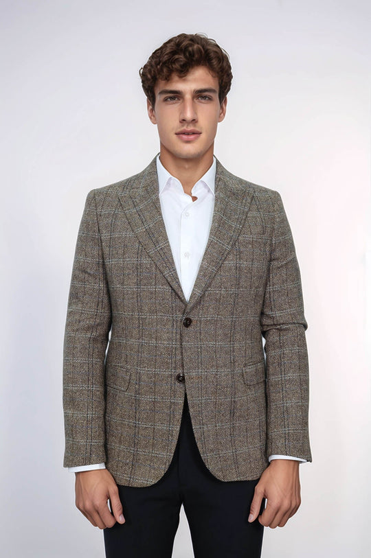 Men’s Brown Herringbone Slim Fit Single Breasted Smart-Casual Blazer