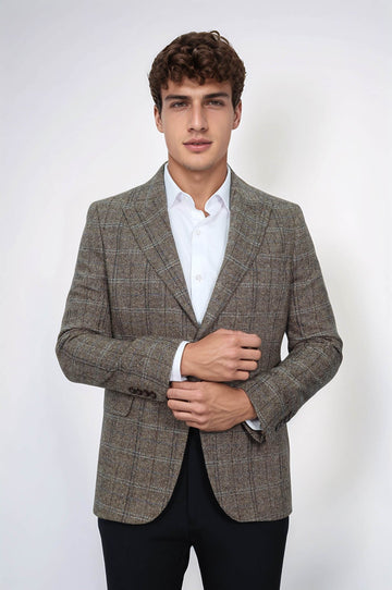 Men’s Brown Herringbone Slim Fit Single Breasted Smart-Casual Blazer