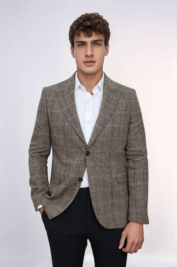 Men’s Brown Herringbone Slim Fit Single Breasted Smart-Casual Blazer