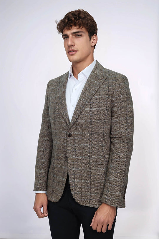 Men’s Brown Herringbone Slim Fit Single Breasted Smart-Casual Blazer