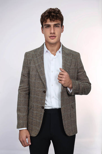 Men’s Brown Herringbone Slim Fit Single Breasted Smart-Casual Blazer