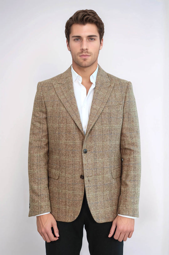 Men’s Tan Brown Herringbone Wool  Slim Fit Single Breasted Sport Blazer
