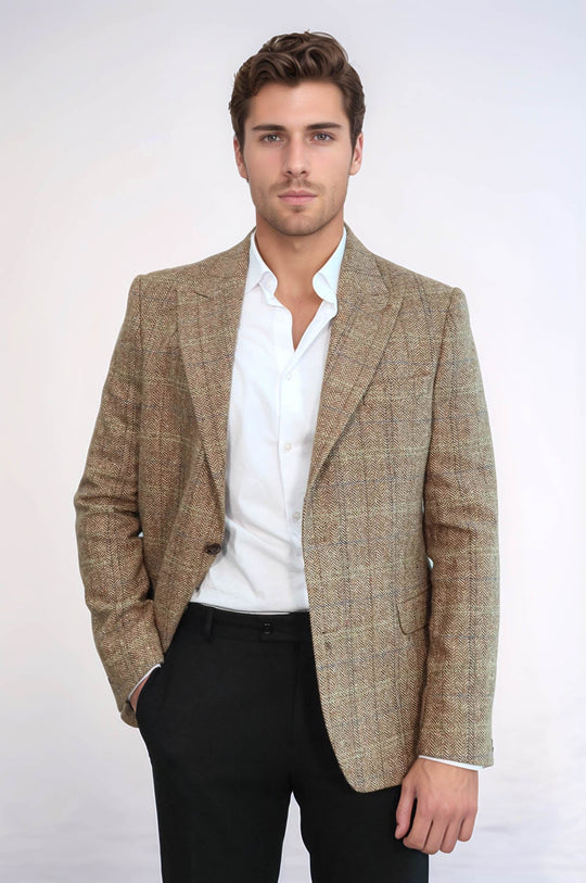 Men’s Tan Brown Herringbone Wool  Slim Fit Single Breasted Sport Blazer