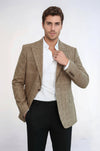 Men’s Tan Brown Herringbone Wool  Slim Fit Single Breasted Sport Blazer