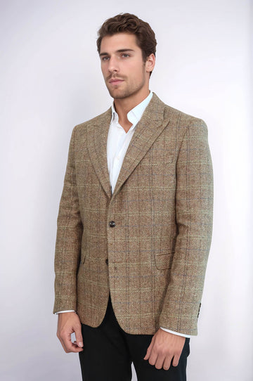 Men’s Tan Brown Herringbone Wool  Slim Fit Single Breasted Sport Blazer