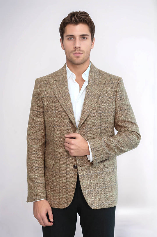 Men’s Tan Brown Herringbone Wool  Slim Fit Single Breasted Sport Blazer