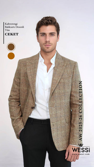 Men’s Tan Brown Herringbone Wool  Slim Fit Single Breasted Sport Blazer