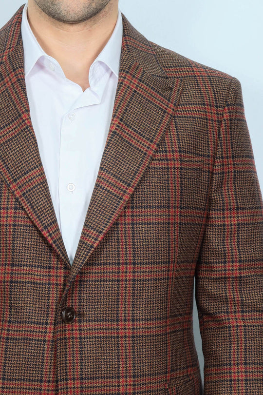 Men’s Brown Checked Slim Fit Single Breasted Smart-Casual Blazer