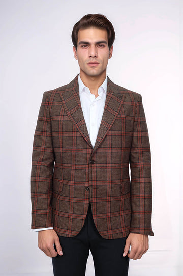Men’s Brown Checked Slim Fit Single Breasted Smart-Casual Blazer