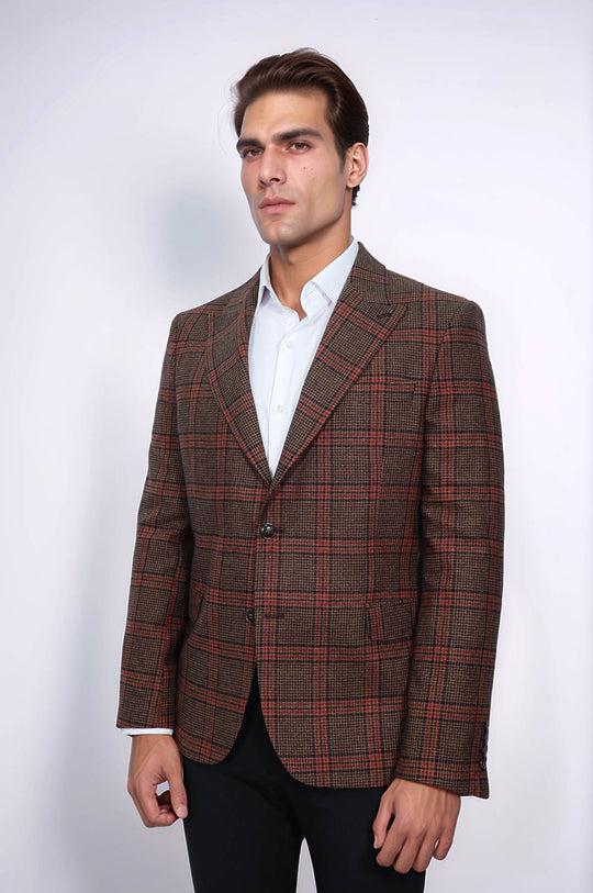 Men’s Brown Checked Slim Fit Single Breasted Smart-Casual Blazer