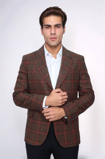 Men’s Brown Checked Slim Fit Single Breasted Smart-Casual Blazer