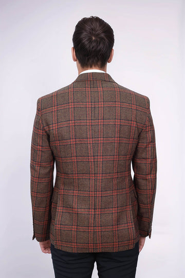 Men’s Brown Checked Slim Fit Single Breasted Smart-Casual Blazer