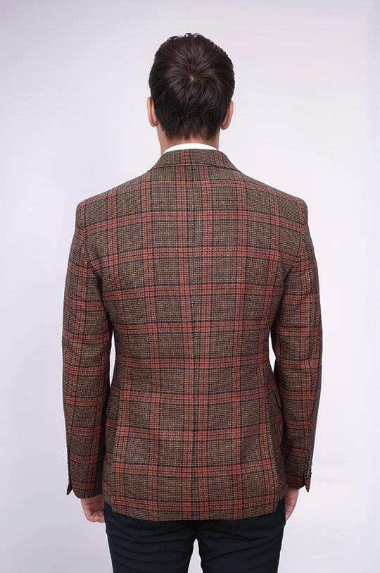 Men’s Brown Checked Slim Fit Single Breasted Smart-Casual Blazer