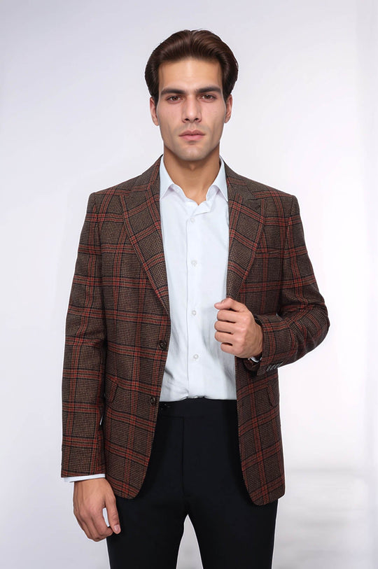 Men’s Brown Checked Slim Fit Single Breasted Smart-Casual Blazer