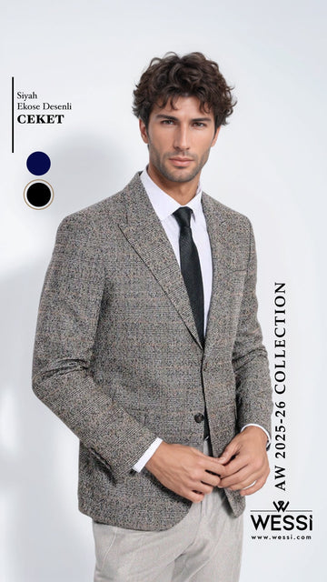 Men’s Obsidian Black Checked Slim Fit Single Breasted Smart-Casual Blazer