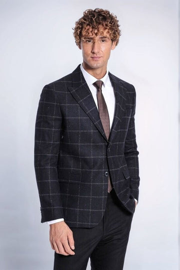 Men’s Black Windowpane Plaid Wool Blend Slim Fit Notch Lapel Blazer