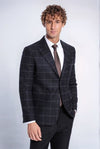Men’s Black Windowpane Plaid Wool Blend Slim Fit Notch Lapel Blazer