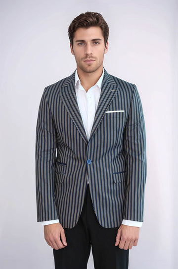 Men’s Navy Blue Bold Vertical Striped Slim Fit Notch Lapel Sport Blazer