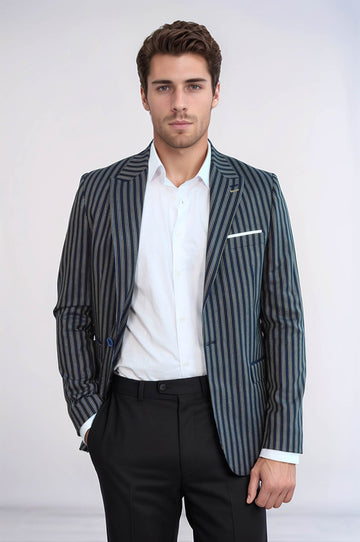 Men’s Navy Blue Bold Vertical Striped Slim Fit Notch Lapel Sport Blazer
