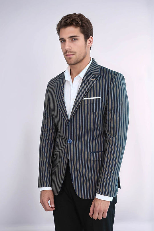Men’s Navy Blue Bold Vertical Striped Slim Fit Notch Lapel Sport Blazer