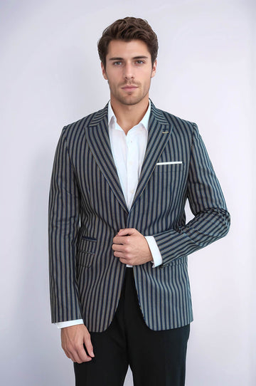 Men’s Navy Blue Bold Vertical Striped Slim Fit Notch Lapel Sport Blazer